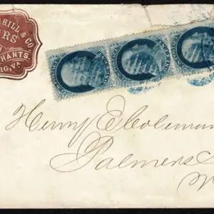 Lot 104 - UNITED STATES:  1857  1c blue vertical STRIP OF THRESS tied  blue grid and blue PETERSBURG VA FEB27 c.d.s. - Image 1