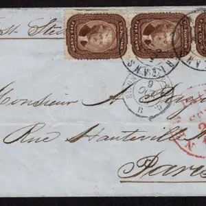 Lot 105 - UNITED STATES: Used to France: 1858 5c red brown Vertical STRIP OF THREE - Image 1