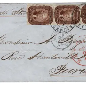 Lot 105 - UNITED STATES: Used to France: 1858 5c red brown Vertical STRIP OF THREE - Image 2