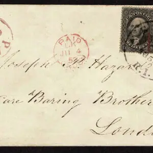 Lot 107 - UNITED STATES: Used to England;   1857  12c black Plate 1, HORIZONTAL PAIR - Image 1