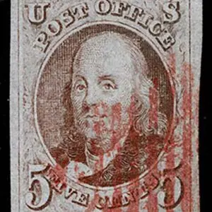 Lot 011 - UNITED STATES: 1847 5c pale brown, red grid cancel - Image 1