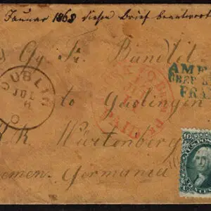 Lot 113 - UNITED STATES Used to Wurttemberg:  1861- 62 10c green ,  3 copies, probably original as strip of three ` - Image 1