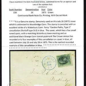 Lot 117 - UNITED STATES: WATERBURY BLUE COVER;  Garden Paths  Type III  on 1873  3c green cover: BLUE Rohlof D-3 (RRRR) - Image 3