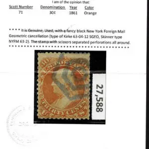 Lot 118 - UNITED STATES: 1861 30c orange with black New York Foreign Mail Geometric cancellation - Image 3