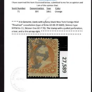 Lot 119 - UNITED STATES: 1861 30c orange with black New York Foreign Mail "Pinwheel" cancellation - Image 3
