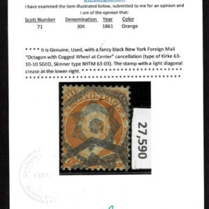 Lot 120 - UNITED STATES: 1861 30c orange with black New York Foreign Mail "Octagon with Cogged Wheel Center" cancellation - Image 3