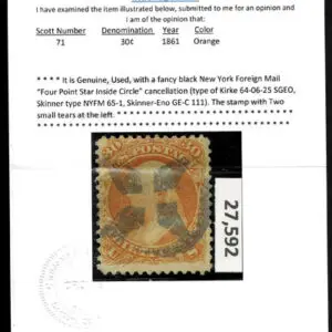 Lot 121 - UNITED STATES: 1861 30c orange with black New York Foreign Mail "Four Point Star inside Circle" cancellation - Image 3
