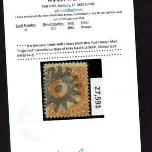 Lot 122 - UNITED STATES: 1861 30c orange with black New York Foreign Mail "Cogwheel" cancellation - Image 3
