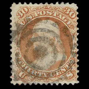 Lot 125 - UNITED STATES: 1861 30c orange, black New York Foreign Mail "Target with Cogged Outer Circle" cancellation - Image 1