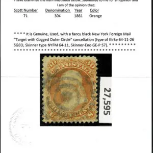 Lot 125 - UNITED STATES: 1861 30c orange, black New York Foreign Mail "Target with Cogged Outer Circle" cancellation - Image 3