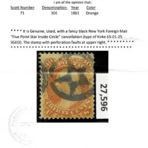 Lot 126 - UNITED STATES: 1861 30c orange, black New York Foreign Mail "Five Point Star inside Circle" cancellation - Image 3