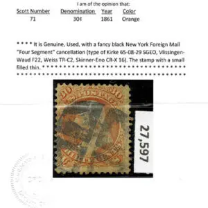 Lot 127 - UNITED STATES: 1861 30c orange, black New York Foreign Mail "Four Segment" cancellation - Image 3
