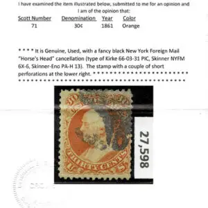 Lot 128 - UNITED STATES: 1861 30c orange, black New York Foreign Mail "Horse's Head" cancellation - Image 3