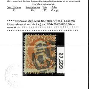 Lot 129 - UNITED STATES: 1861 30c orange, black New York Foreign Mail "Intricate Geometric" cancellation - Image 3