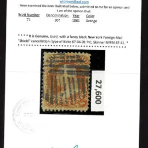 Lot 130 - UNITED STATES: 1861 30c orange, black New York Foreign Mail "Shield" cancellation - Image 3