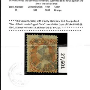 Lot 131 - UNITED STATES: 1861 30c orange, black New York Foreign Mail "Star of David Inside Cogged Circle" cancellation - Image 3