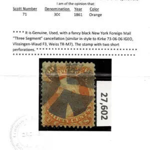 Lot 132 - UNITED STATES: 1861 30c orange, black New York Foreign Mail "Three Segment" cancellation - Image 3