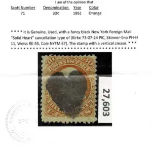 Lot 133 - UNITED STATES: 1861 30c orange, black New York Foreign Mail "Solid Heart" cancellation - Image 3