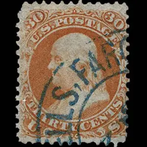 Lot 134 - UNITED STATES: 1861 30c orange, blue double  circle "Wells Fargo" express marking - Image 1