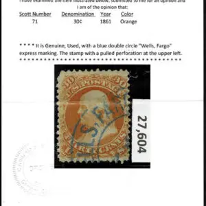Lot 134 - UNITED STATES: 1861 30c orange, blue double  circle "Wells Fargo" express marking - Image 3