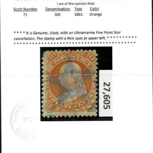 Lot 135 - UNITED STATES: 1861 30c orange, ultramarine Five Point Star cancellation - Image 3