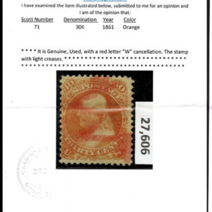 Lot 136 - UNITED STATES: 1861 30c orange, used with letter "W" cancellation - Image 3