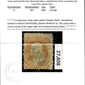 Lot 137 - UNITED STATES: 1861 30c orange, used with black "Garden Paths" cancellation - Image 3