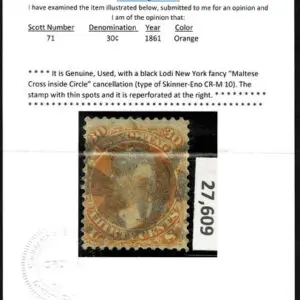 Lot 138 - UNITED STATES: 1861 30c orange, used with black Lodi New York fancy  "Maltese Cross inside Circle" cancellation - Image 3