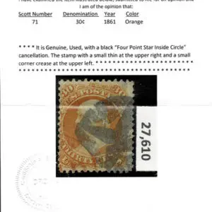 Lot 139 - UNITED STATES: 1861 30c orange, used with black "Four Point Star Inside Circle" cancellation - Image 3
