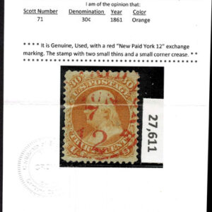 Lot 141 - UNITED STATES: 1861 30c orange, used with red "New York 12" exchange marking cancellation - Image 3