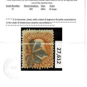 Lot 142 - UNITED STATES: 1861 30c orange, used with black 8 Segmented Rosette cancellation - Image 3