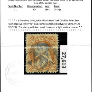 Lot 143 - UNITED STATES: 1861 30c orange, used with black New York City Five Point Star with negative letter "U" - Image 3
