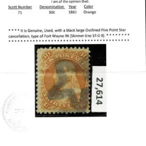 Lot 144 - UNITED STATES: 1861 30c orange, used with black large Outlined Five Point Star cancellation - Image 3