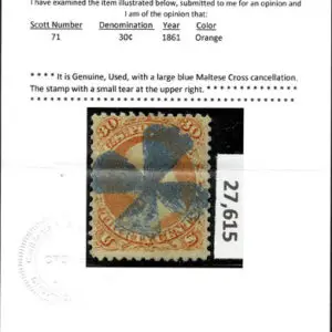 Lot 145 - UNITED STATES: 1861 30c orange, used with large blue Maltese Cross cancellation - Image 3
