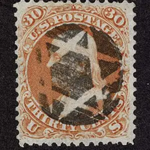 Lot 146 - UNITED STATES: 1861 30c orange, used with "socked on nose" black negative "Star of David" cancellation - Image 1