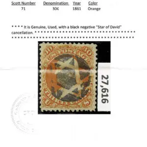 Lot 146 - UNITED STATES: 1861 30c orange, used with "socked on nose" black negative "Star of David" cancellation - Image 3
