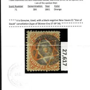 Lot 147 - UNITED STATES: 1861 30c orange, used with crisp black negative New Haven CT "Star of David" cancellation - Image 3