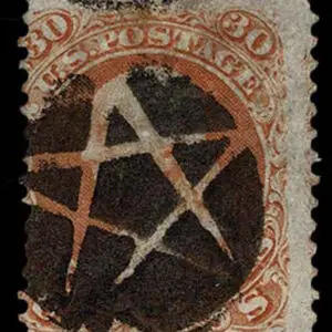 Lot 149 - UNITED STATES: 1861 30c orange, used with well placed  black negative "Five Point Star" cancellation - Image 1