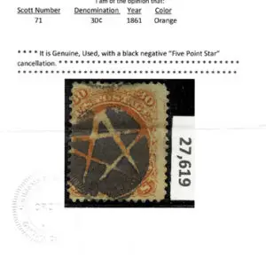 Lot 149 - UNITED STATES: 1861 30c orange, used with well placed  black negative "Five Point Star" cancellation - Image 3