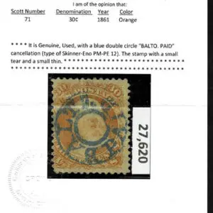 Lot 150 - UNITED STATES: 1861 30c orange, used blue double circle "BALTO PAID"  cancellation - Image 3