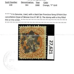 Lot 151 - UNITED STATES: 1868 30c orange "F" Grill, used with  black San Francisco fancy 8 Point Star cancellation - Image 3