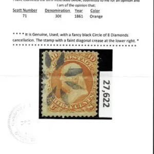 Lot 152 - UNITED STATES: 1861 30c orange with black Circle of 8 Diamonds cancellation - Image 3