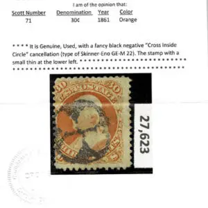 Lot 153 - UNITED STATES: 1861 30c orange with black negative "Cross Inside Circle" cancellation - Image 3
