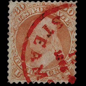 Lot 155 - UNITED STATES: 1861 30c orange with "STEAMER ? 1865" cancellation in a mixture of red and black inks - Image 1