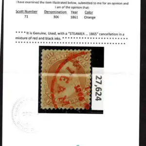 Lot 155 - UNITED STATES: 1861 30c orange with "STEAMER ? 1865" cancellation in a mixture of red and black inks - Image 3