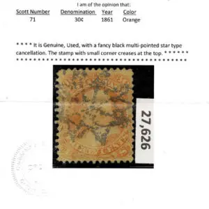 Lot 157 - UNITED STATES: 1861 30c orange with black multi-pointed star type cancellation - Image 3