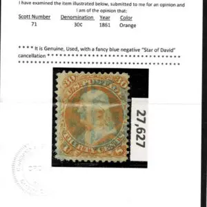 Lot 158 - UNITED STATES: 1861 30c orange with blue negative "Star of David" cancellation - Image 3