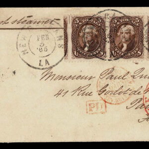 Lot 160 - UNITED STATES: 1863, Used to France,5c brown STRIP OF THREE with most interesting error at left - Image 1
