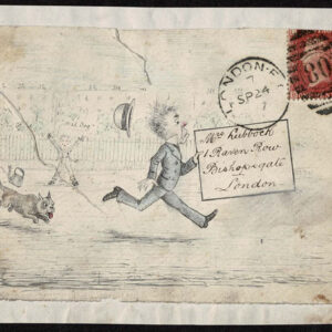 Lot 219 - GREAT BRITAIN: 1877 hand-drawn ink and colored mounted front, showing a man being chased by a small dog - Image 1