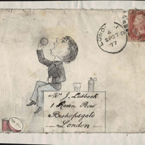 Lot 220 - GREAT BRITAIN: 1877 hand-drawn black pen and colored mounted front; a man sitting on a table ready to take " the pill " - Image 1